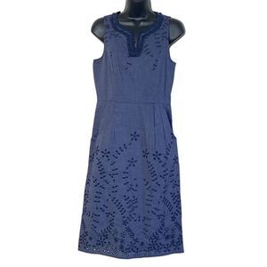 Maine New England Navy Blue Sleeveless Eyelet Lace Crochet Trim Midi Dress Sz 10